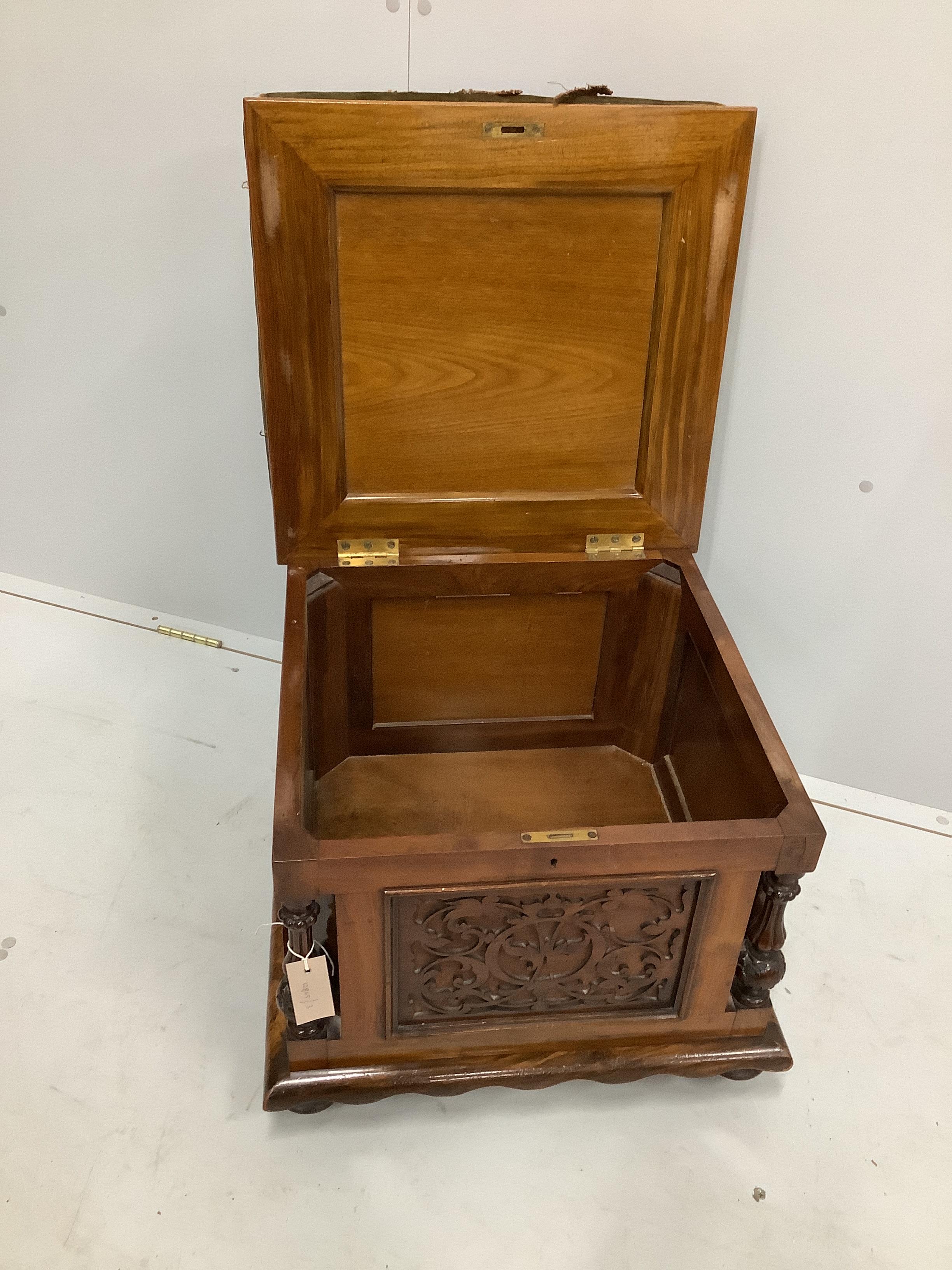 A Victorian walnut box seat stool, width 49cm, depth 50cm, height 47cm